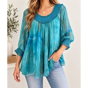 Alice + Olivia Silk Blouse S Blue Teal Smocked Boho Sheer Tie Dye Top